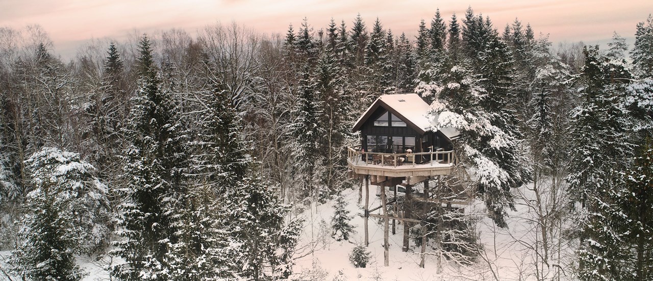 Tretopphytte i snøkledd skog